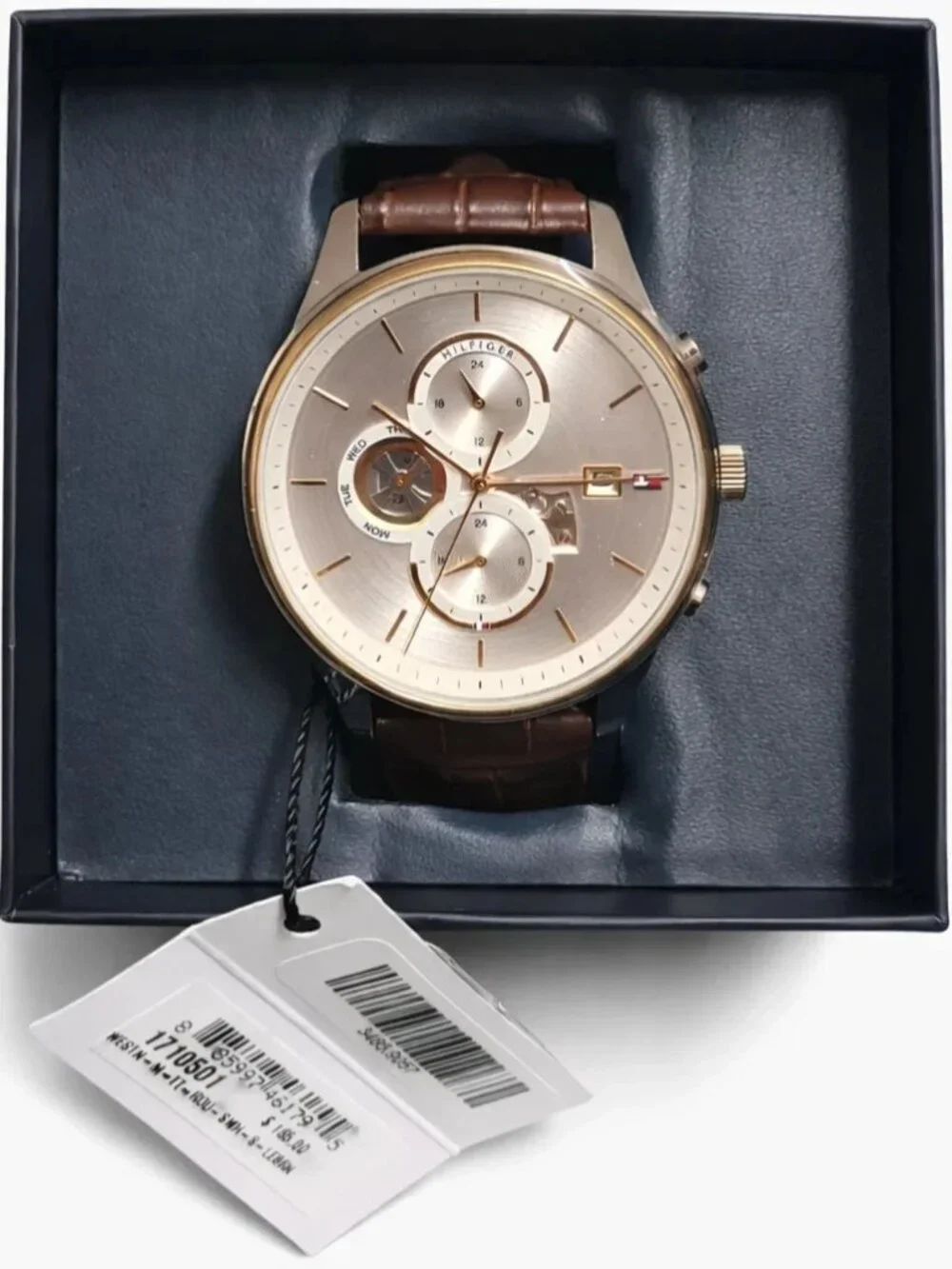 Tommy Hilfiger Men’s Multifunction Watch Silver Dial Brown Leather New-Open Box